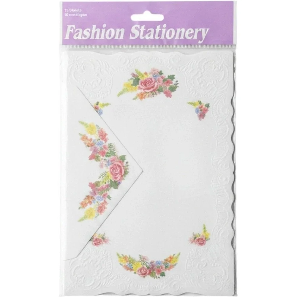 Fashion Stationery Set Floral Rose Embossed Scalloped 15 Sheets 10 Envelopes NEW